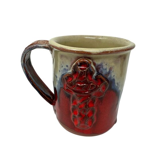Handcrafted Ceramic Coffee Mug Redware Drip Glaze Rustic Cross Floral Handle - Picture 1 of 16